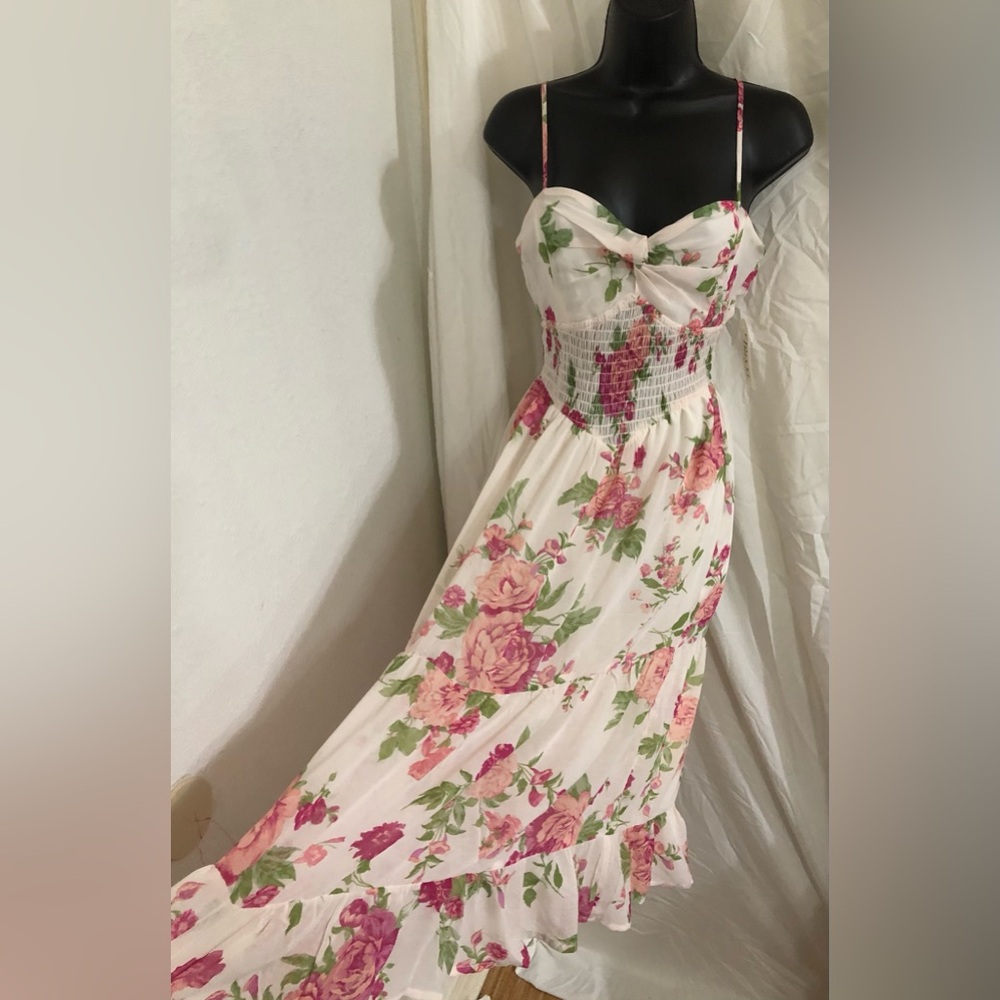 Trixxi white and pink roses multi floral ruffled bust wispy dress size XS new